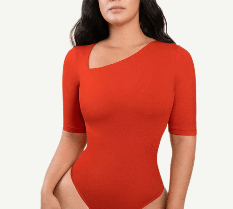 Asymmetrical Elegance Bodysuit with Thong Back