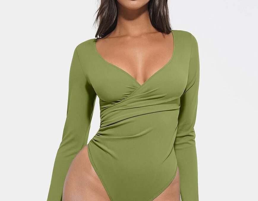 V-Neck Pleated Waist Shaping Bodysuit
