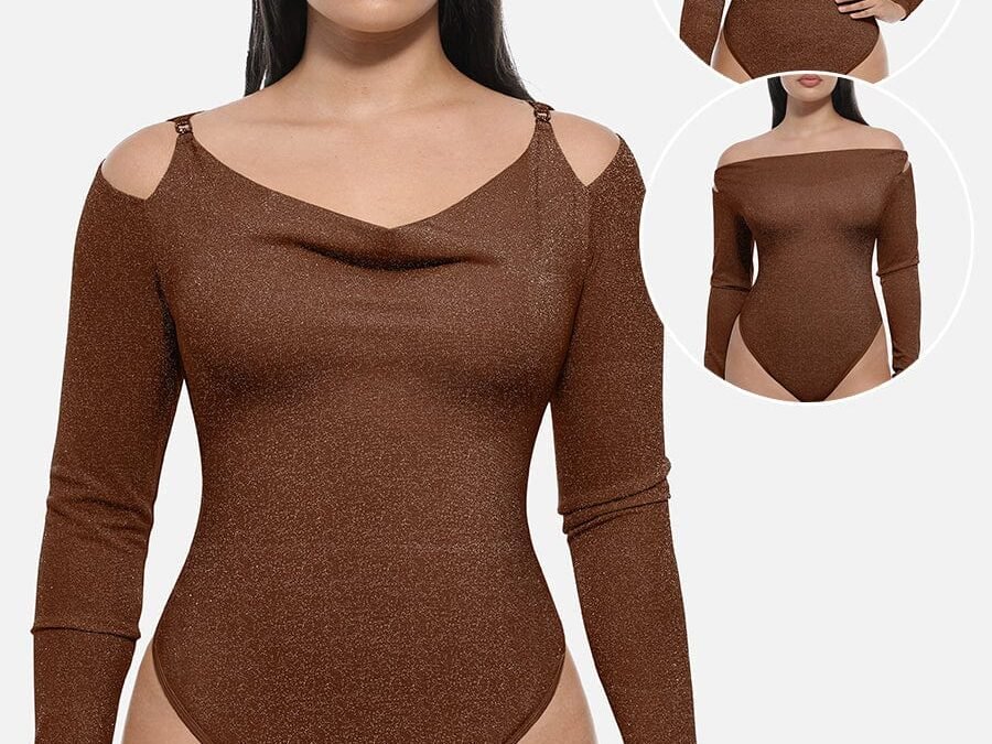 Shiny Draped Neck Bodysuit with Built-In Bra