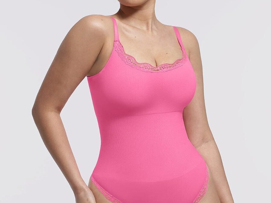 Lace Trim Cami Shaping Bodysuit in Pink