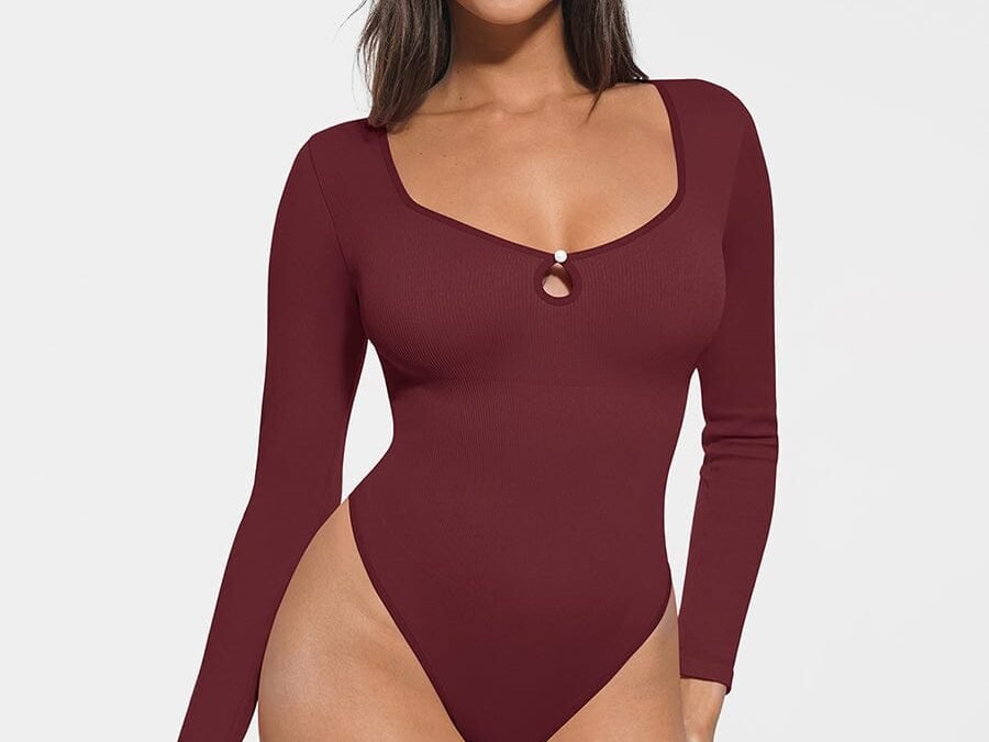 Ribbed Scoop Neck Hollow Thong Bodysuit