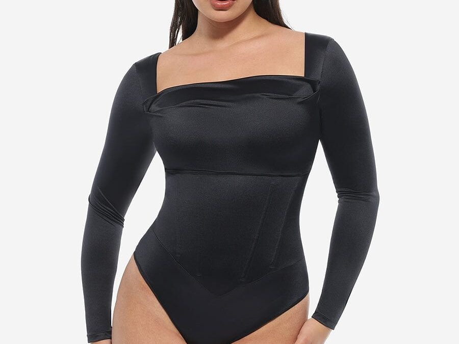 Retro Square Neck Bodysuit with Built-In Corset