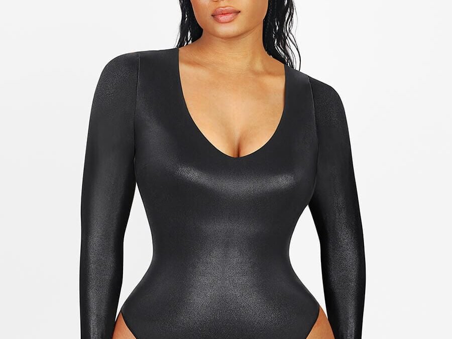 Glossy Faux Leather V-Neck Bodysuit