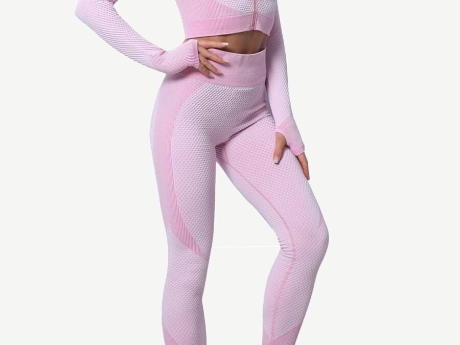 Chic Contrast Zipper Yoga Set - Pink